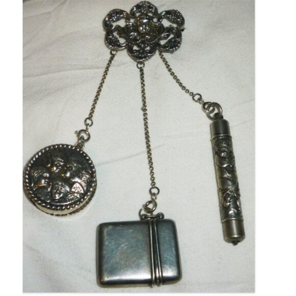 ANTIQUE BAROQUE STERLING SILVER CHATELAIN PIN BROOCH PENCIL SNUFF BOX PIN BOX